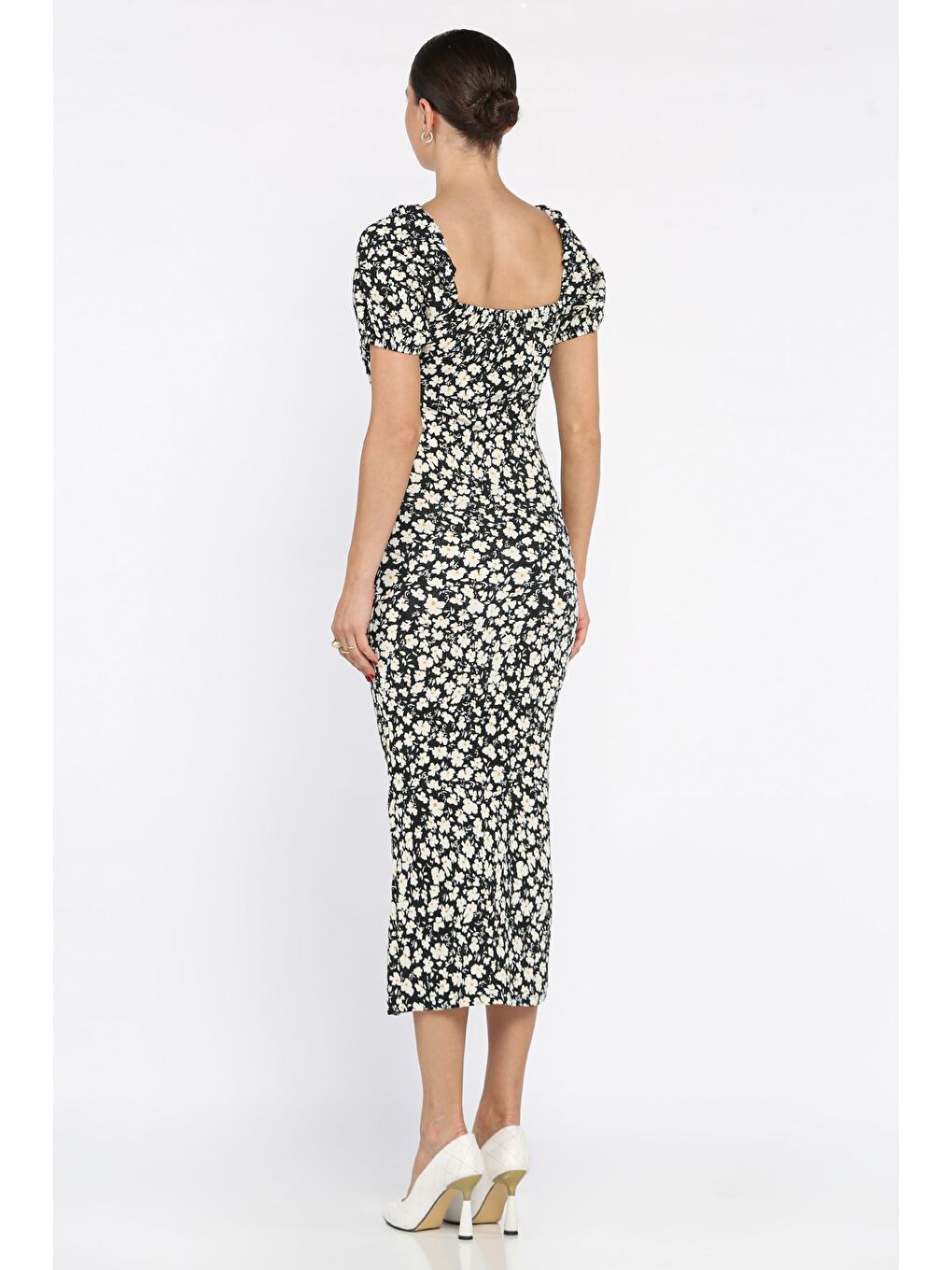 Siyah Yırtmaçlı Balon Kol Kadın Desenli Elbise-2