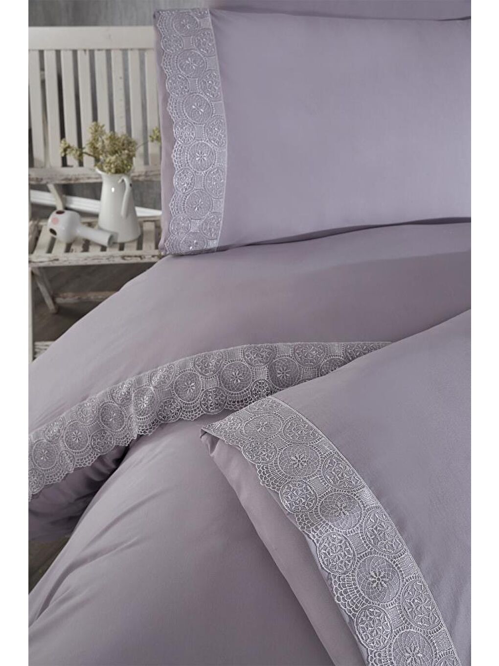Fransız Dantelli Perihan Çeyizlik Nevresim Takımı Gri-5