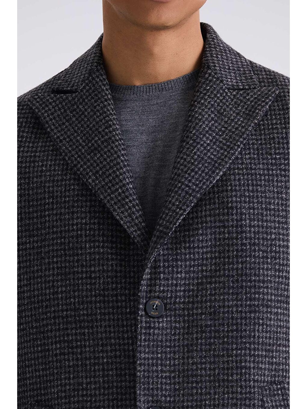 Siyah Comfort Fit Sivri Yaka Kareli Desenli Yünlü Kaşe Kaban-2