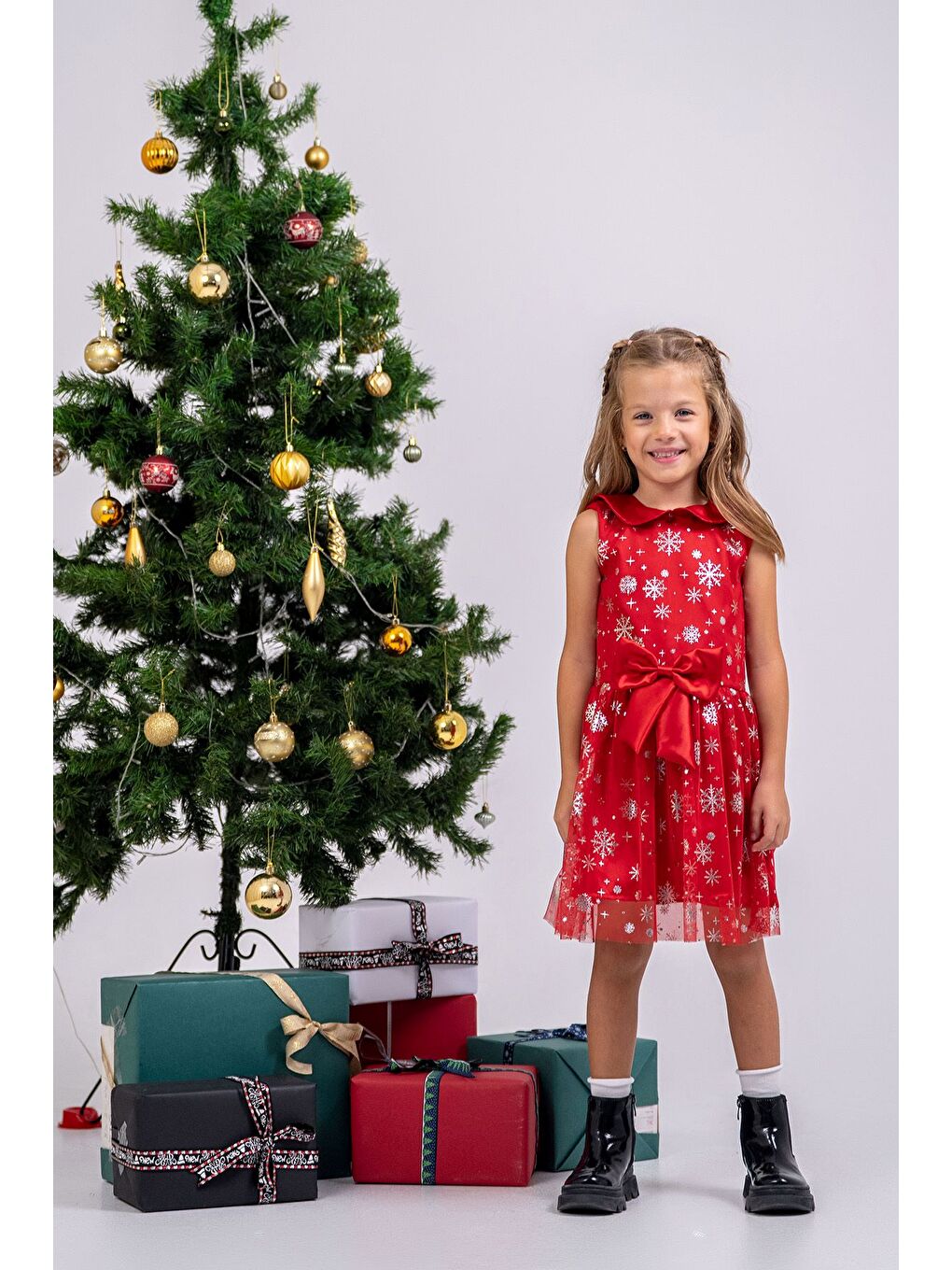 Kız Çocuk Kar Taneli Kırmızı Fiyonklu Tül Elbise-2