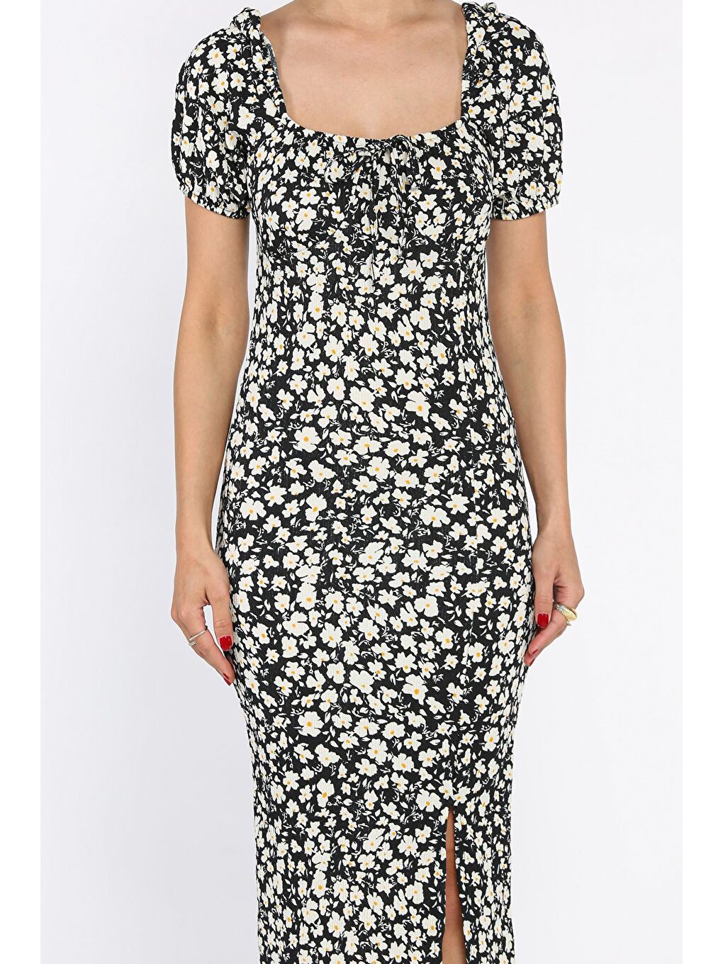 Siyah Yırtmaçlı Balon Kol Kadın Desenli Elbise-3