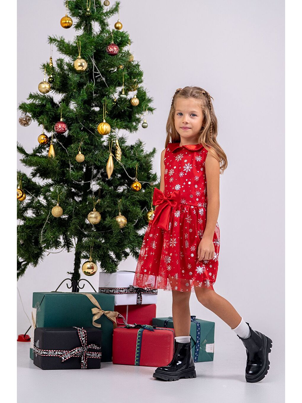 Kız Çocuk Kar Taneli Kırmızı Fiyonklu Tül Elbise-3