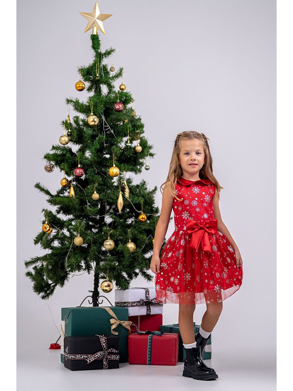 Kız Çocuk Kar Taneli Kırmızı Fiyonklu Tül Elbise-4