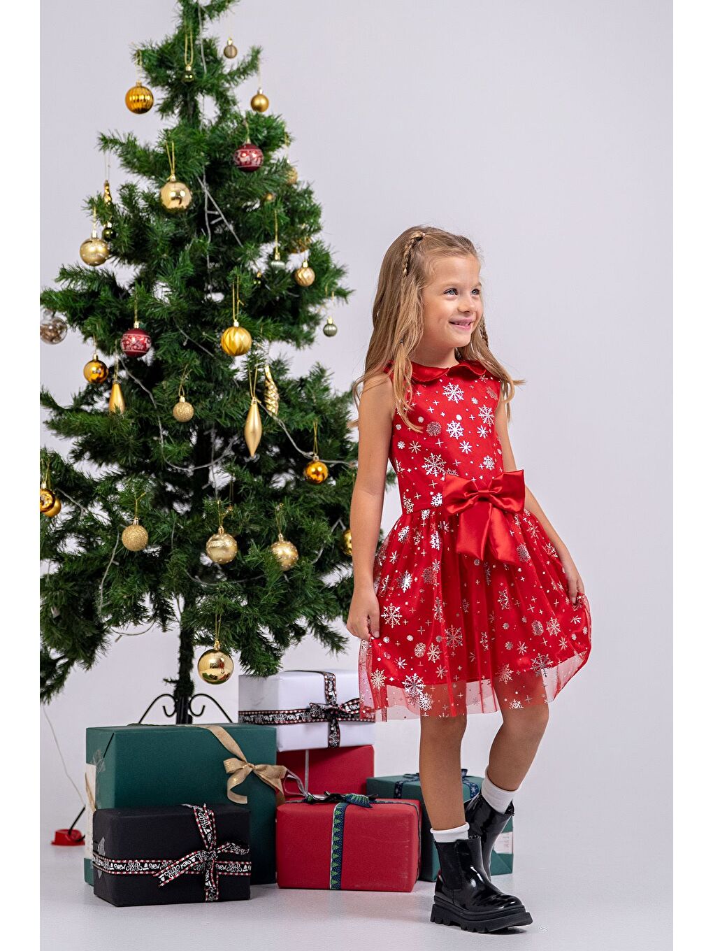 Kız Çocuk Kar Taneli Kırmızı Fiyonklu Tül Elbise-5