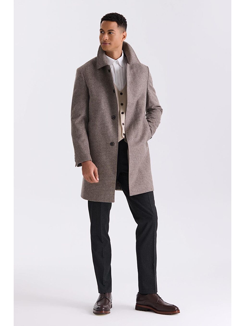 Gri Comfort Fit Berberi Yaka Kareli Desenli Yünlü Kaşe Kaban-1