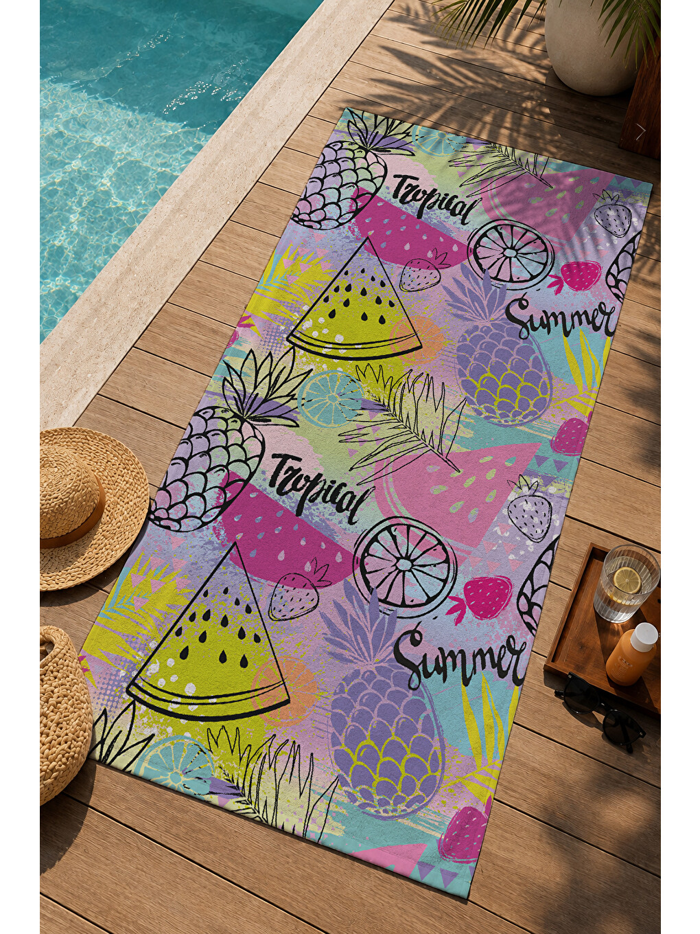 Sarı Renkli Yaz Meyveleri Ve Slogan Desenli 70x150 Cm Dijital Baskılı Plaj Ve Banyo Havlusu-2