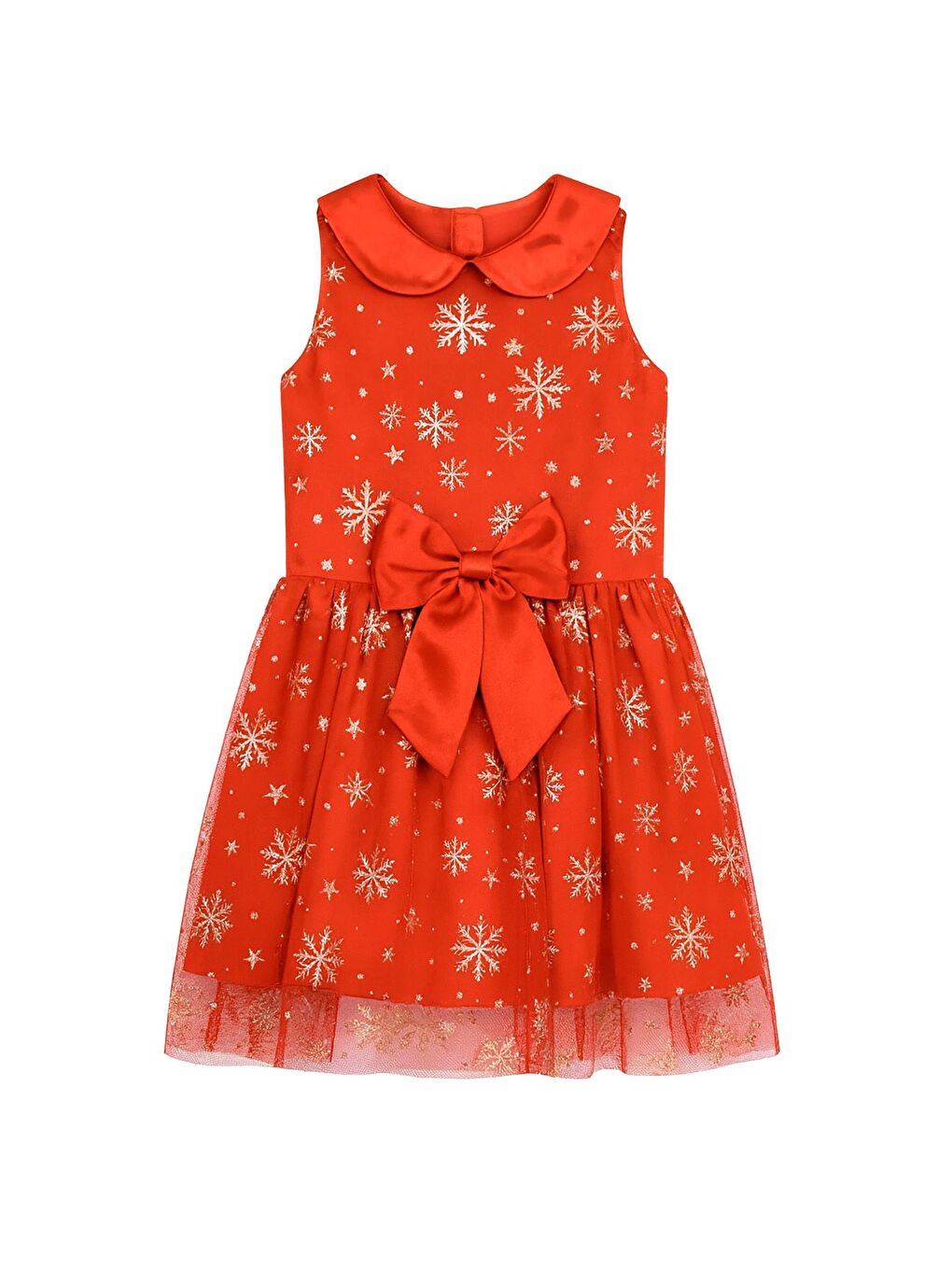 Kız Çocuk Kar Taneli Kırmızı Fiyonklu Tül Elbise-7