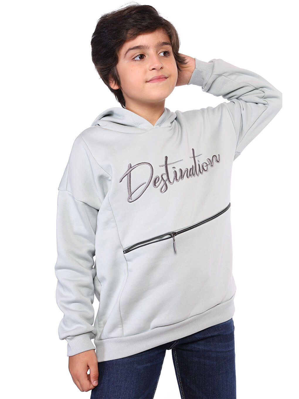 Gri Erkek Çocuk Cebi Fermuar Kapatmalı Nakışlı Sweatshirt