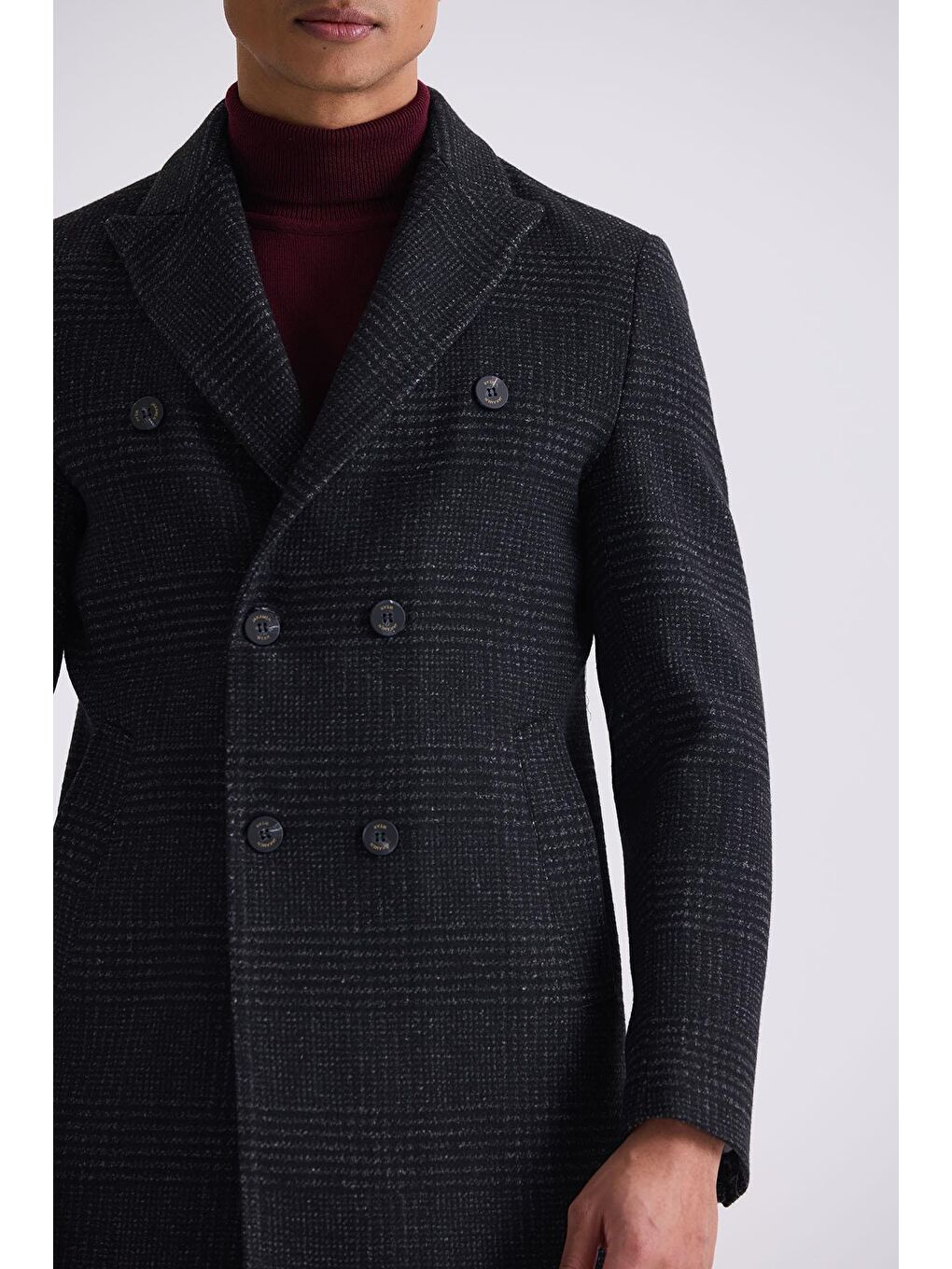 Siyah Comfort Fit Sivri Yaka Ekose Desenli Yünlü Kaban-2