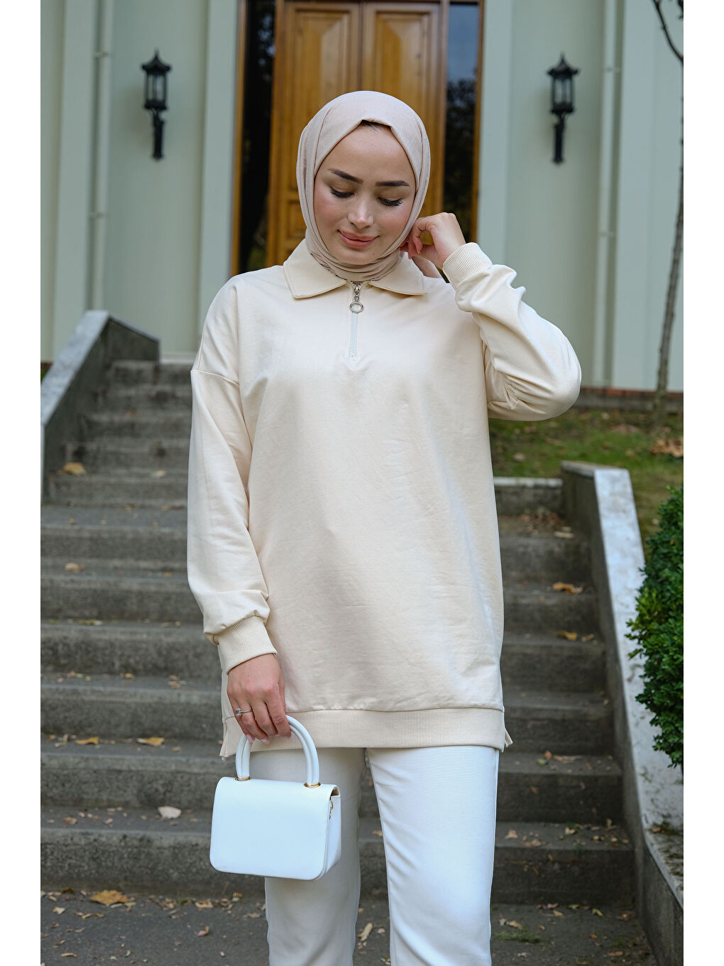 Ekru Yarım Fermuarlı Tunik Krem-1