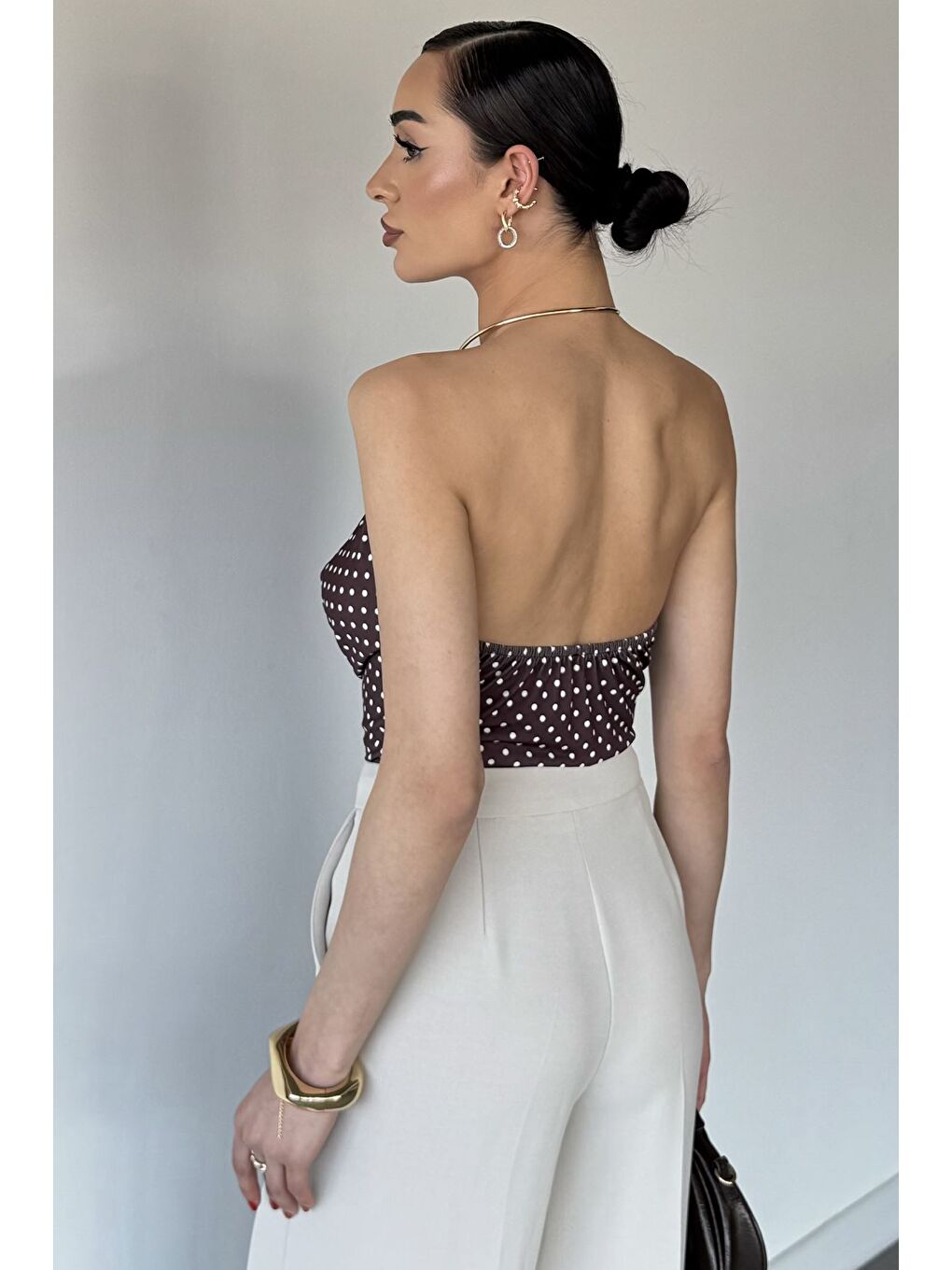 Kahverengi Kadın Puantiyeli Crop Top Bluz-3