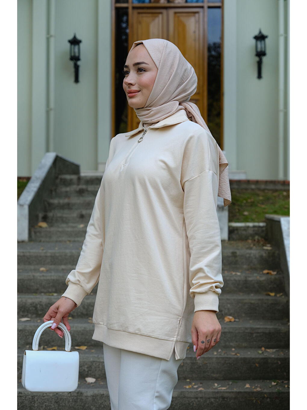 Ekru Yarım Fermuarlı Tunik Krem-3