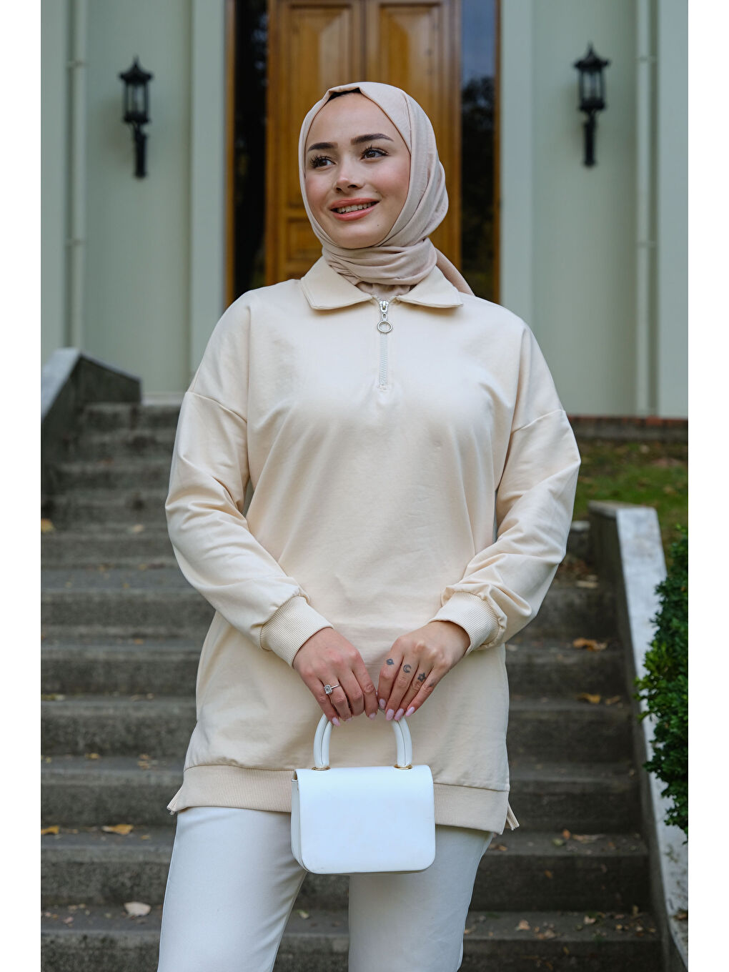 Ekru Yarım Fermuarlı Tunik Krem-4