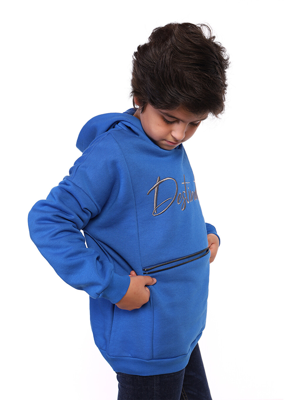 Mavi Erkek Çocuk Cebi Fermuar Kapatmalı Nakışlı Sweatshirt