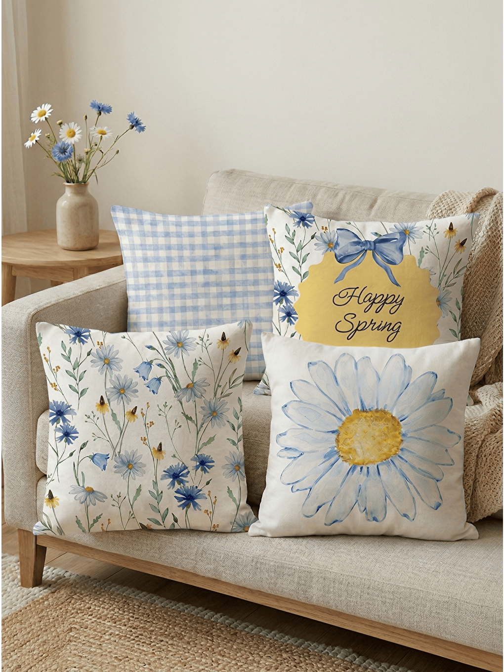 Mavi Papatya Desenli 4’lü Dekoratif Kırlent Kılıfı Seti - Bahar Serisi
