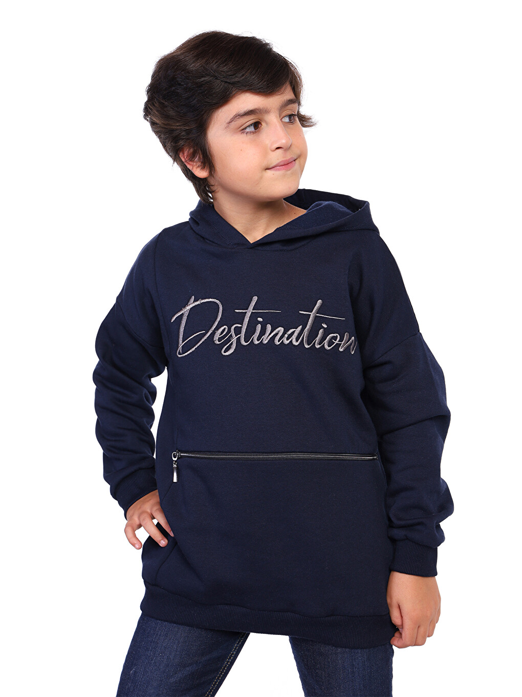 Lacivert Erkek Çocuk Cebi Fermuar Kapatmalı Nakışlı Sweatshirt