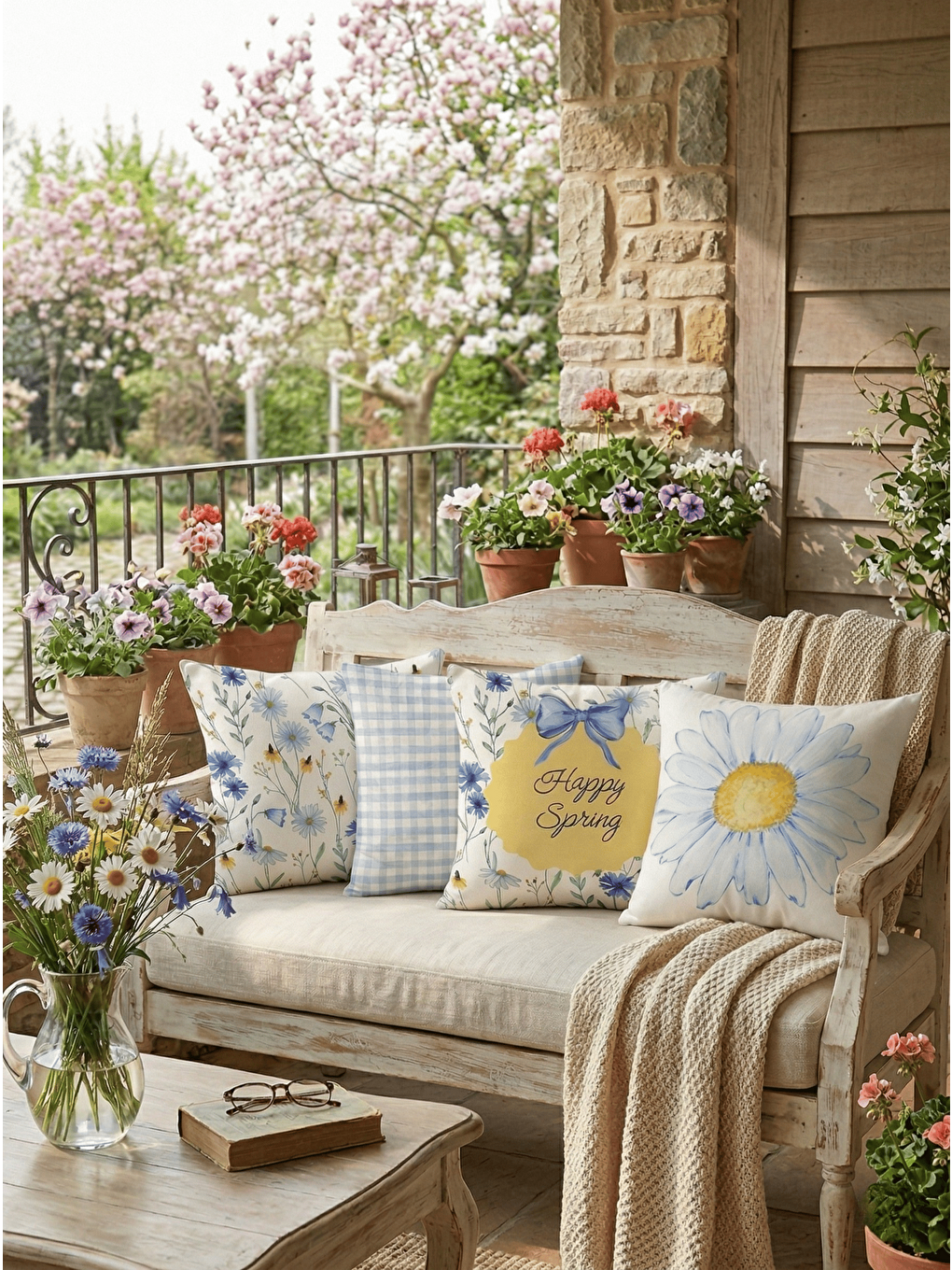 Mavi Papatya Desenli 4’lü Dekoratif Kırlent Kılıfı Seti - Bahar Serisi-1