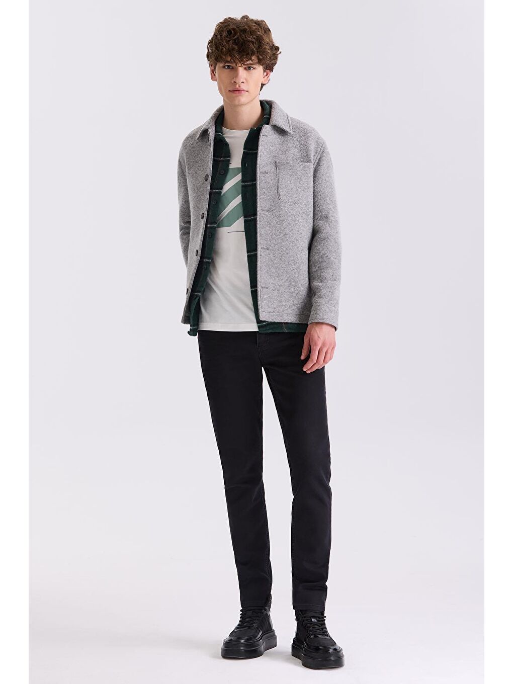 Gri Slim Fit Berberi Yaka Yünlü Kaşe Kaban