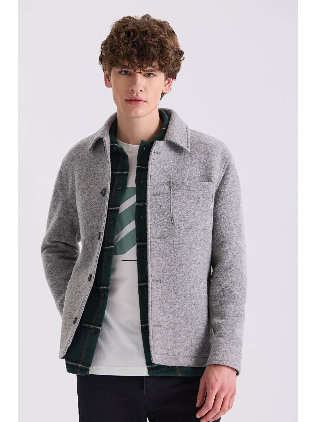 Gri Slim Fit Berberi Yaka Yünlü Kaşe Kaban-1