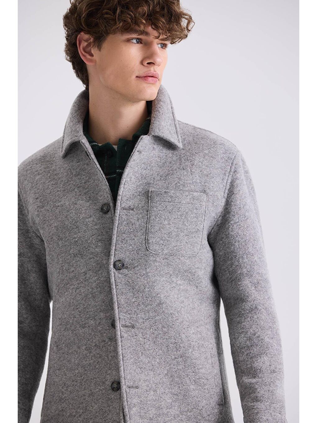 Gri Slim Fit Berberi Yaka Yünlü Kaşe Kaban-2