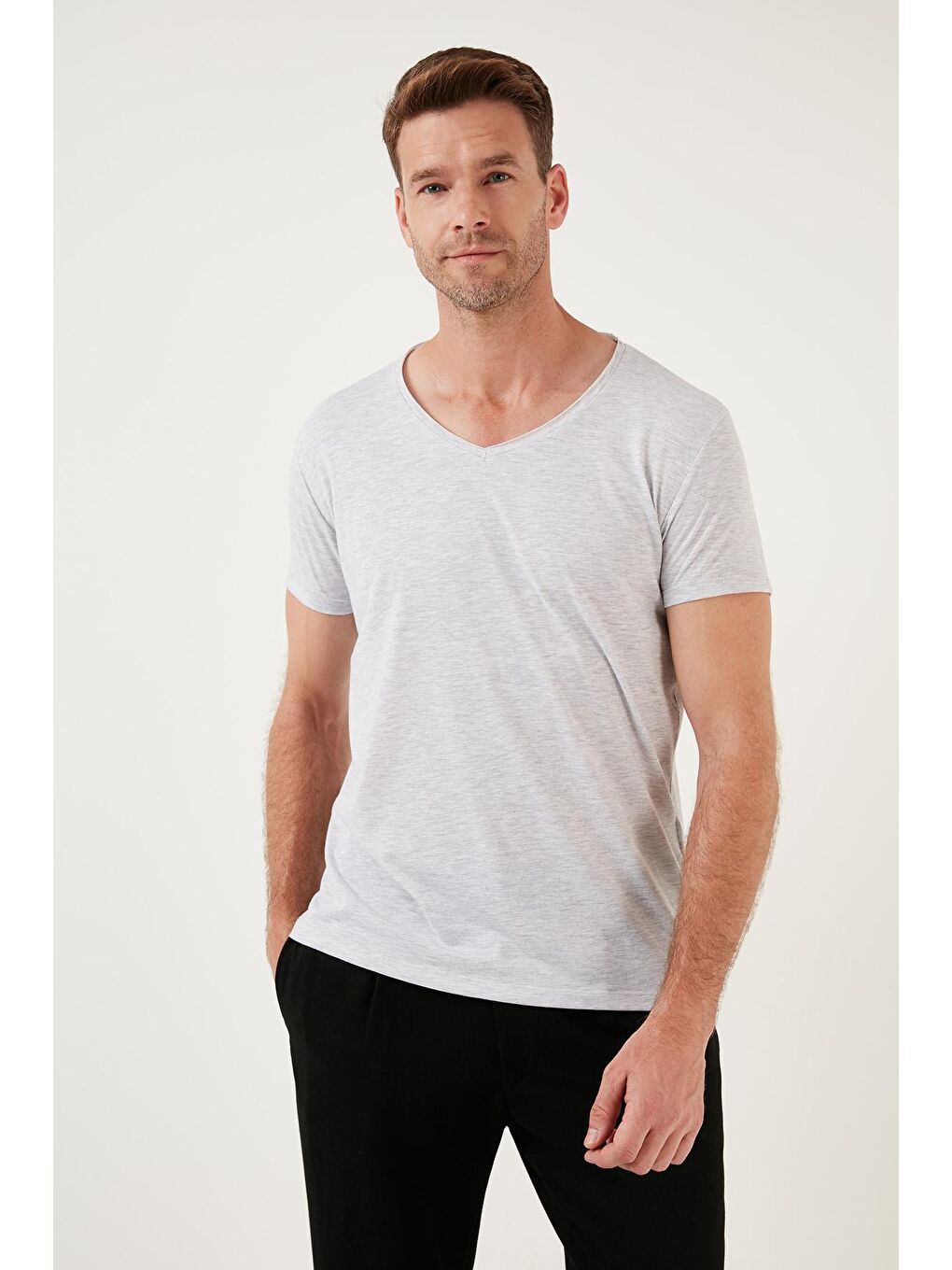 Buratti Açık Gri % 100 Pamuk Slim Fit V Yaka Basic T Shirt 5412001 - 1