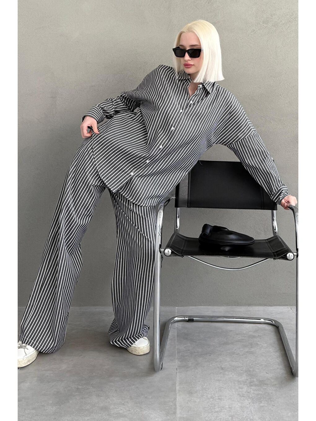 Siyah Çizgili Gömlek Pantolon Kadın Takım Mg2457-1