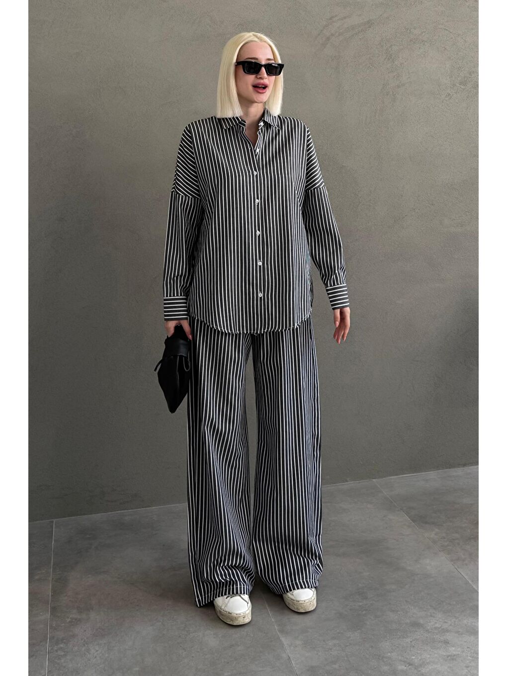 Siyah Çizgili Gömlek Pantolon Kadın Takım Mg2457-2