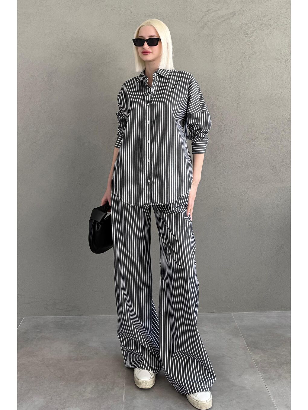 Siyah Çizgili Gömlek Pantolon Kadın Takım Mg2457-3
