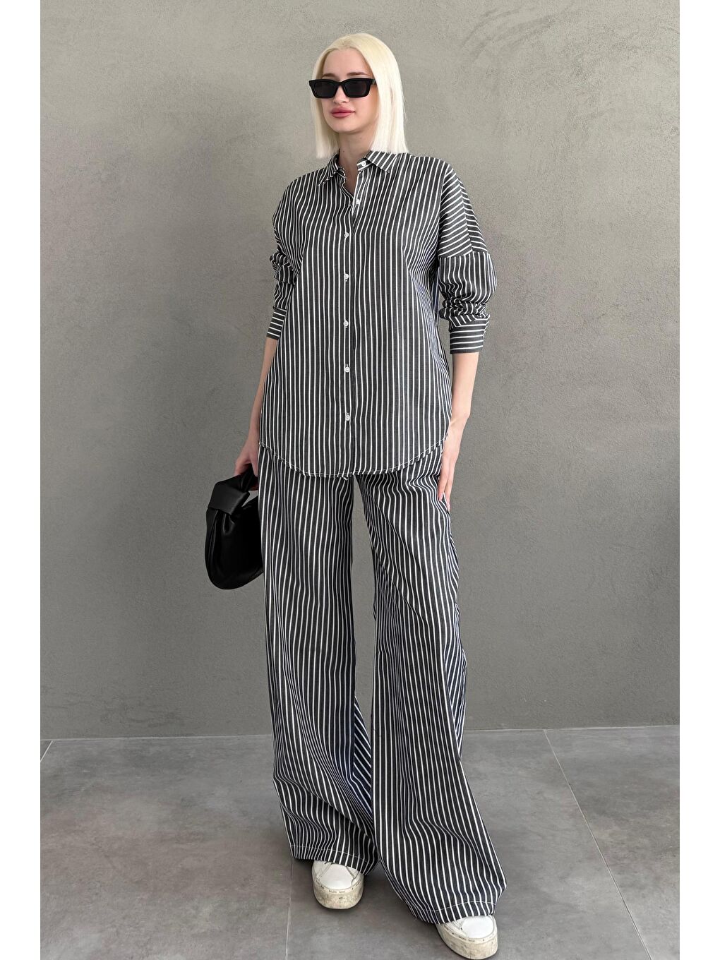 Siyah Çizgili Gömlek Pantolon Kadın Takım Mg2457-4