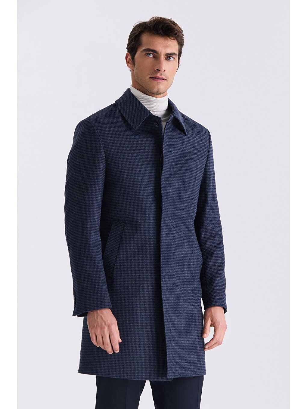 Koyu Lacivert Comfort Fit Berberi Yaka Kareli Desenli Yünlü Kaşe Kaban