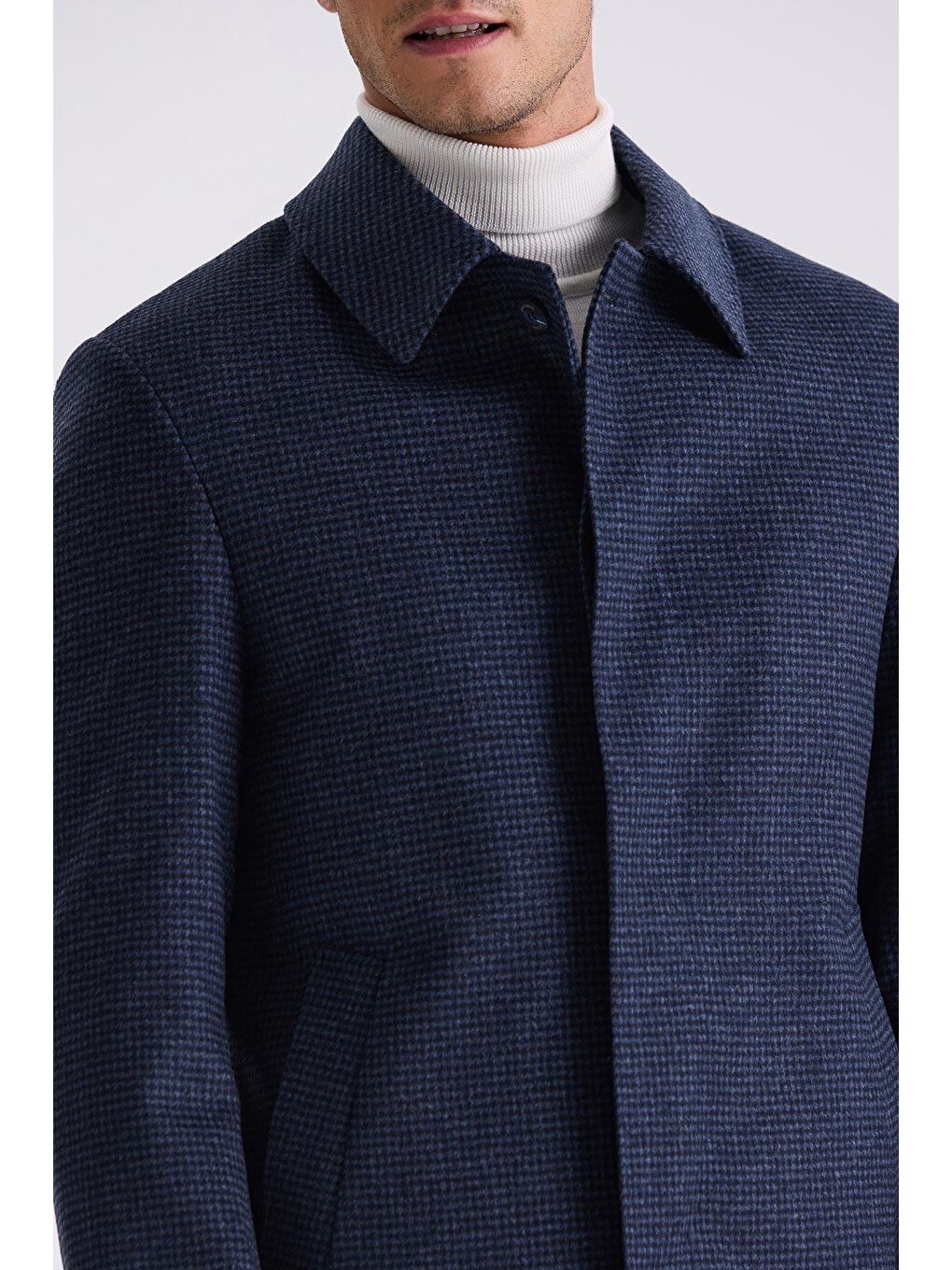 Koyu Lacivert Comfort Fit Berberi Yaka Kareli Desenli Yünlü Kaşe Kaban-2