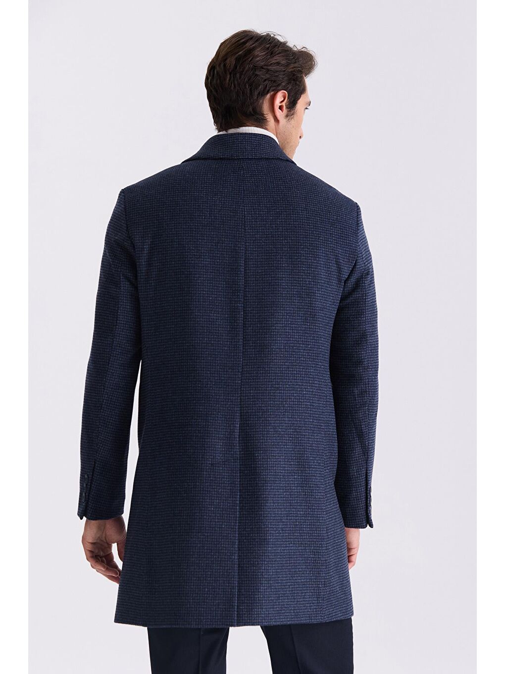 Koyu Lacivert Comfort Fit Berberi Yaka Kareli Desenli Yünlü Kaşe Kaban-3