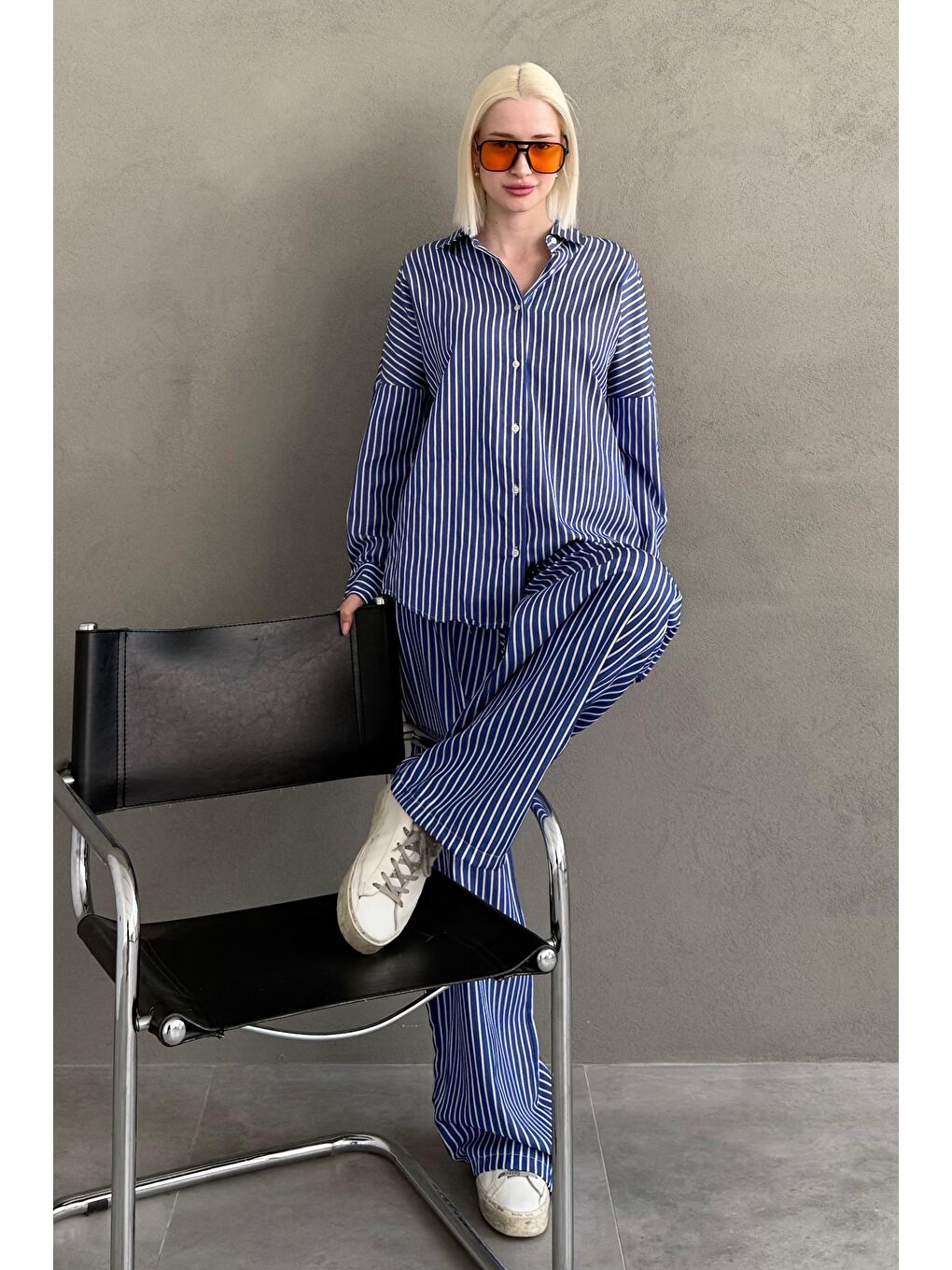 Lacivert Çizgili Gömlek Pantolon Kadın Takım Mg2457-1