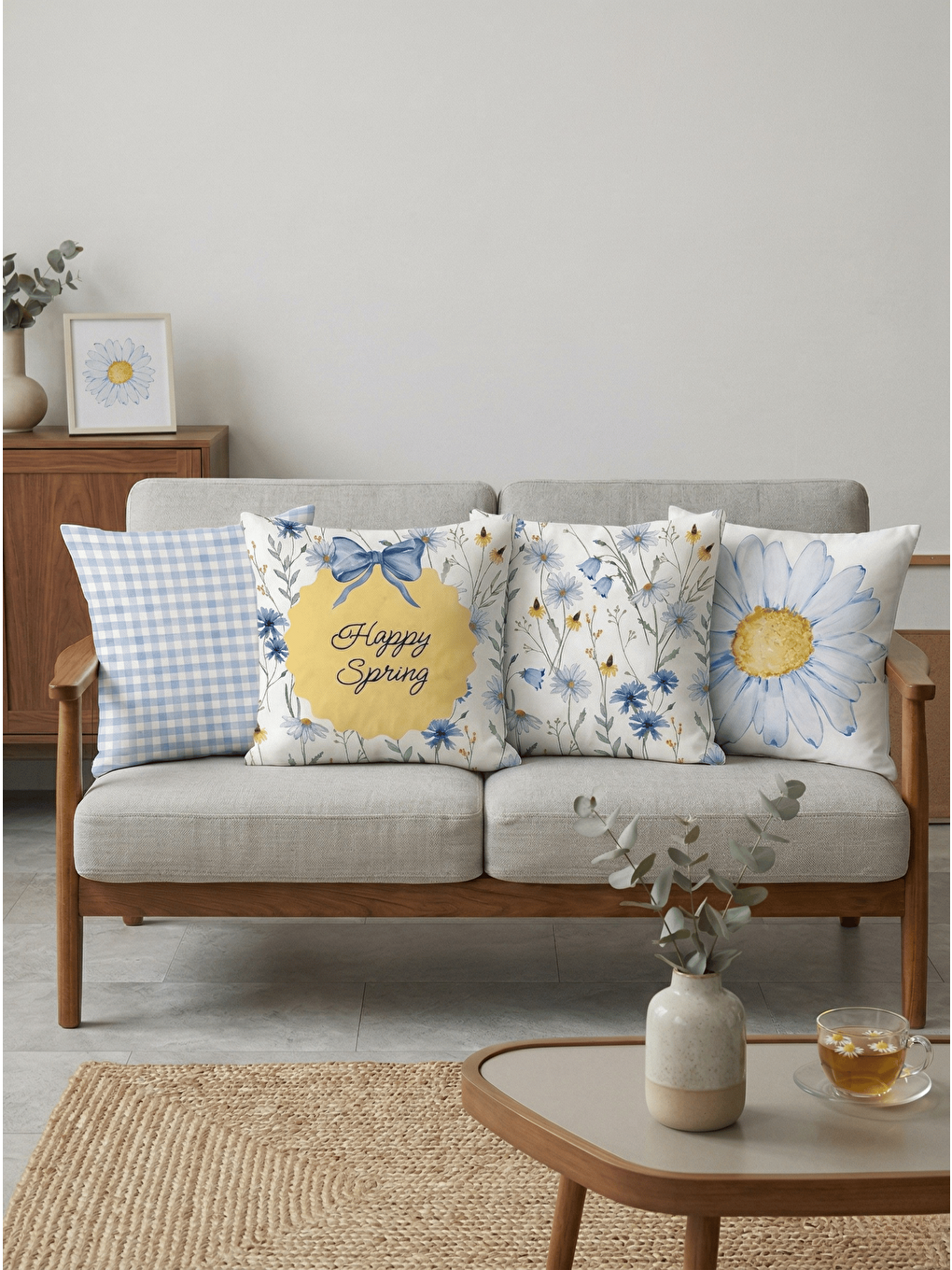 Mavi Papatya Desenli 4’lü Dekoratif Kırlent Kılıfı Seti - Bahar Serisi-2