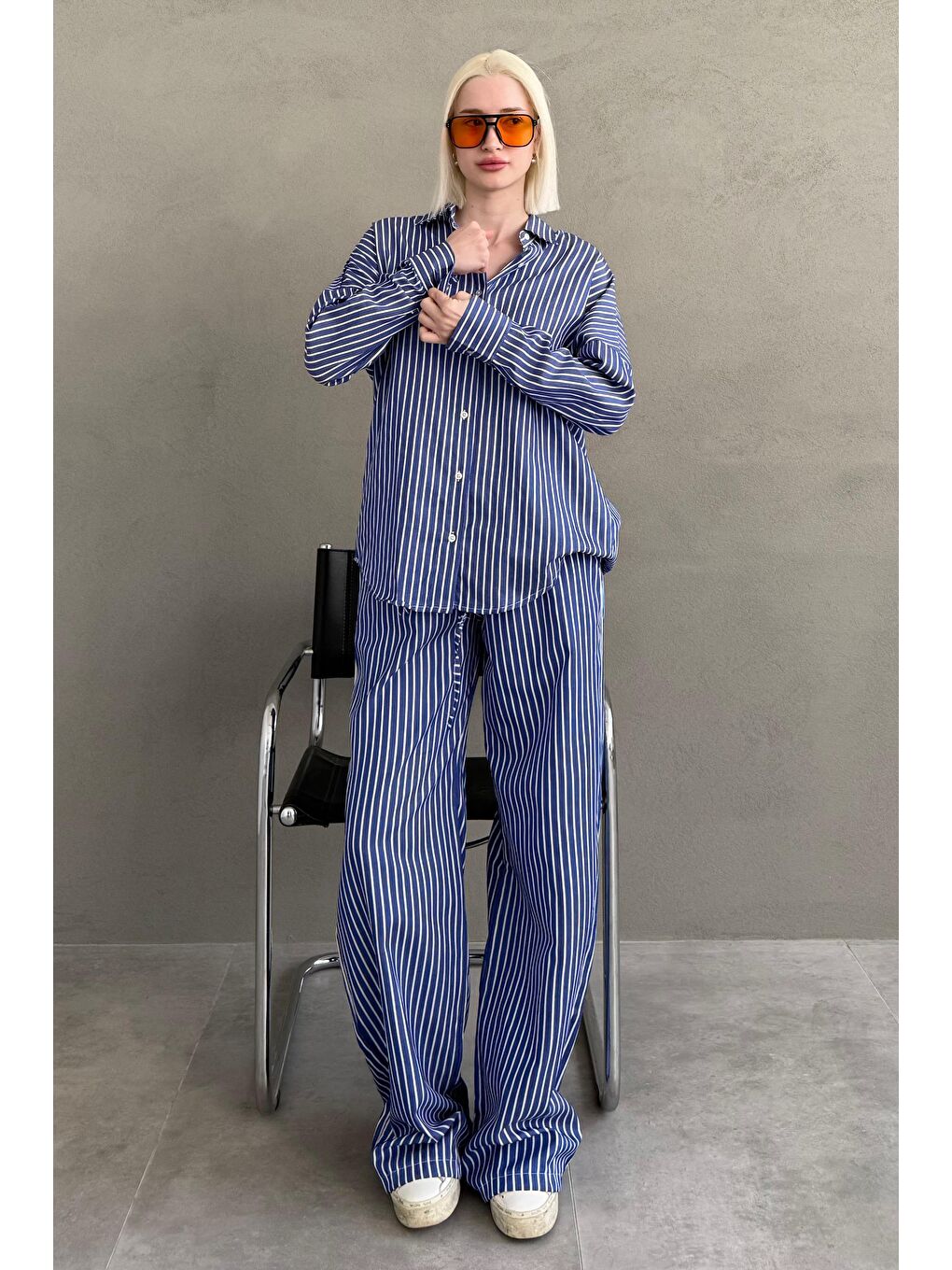 Lacivert Çizgili Gömlek Pantolon Kadın Takım Mg2457-2