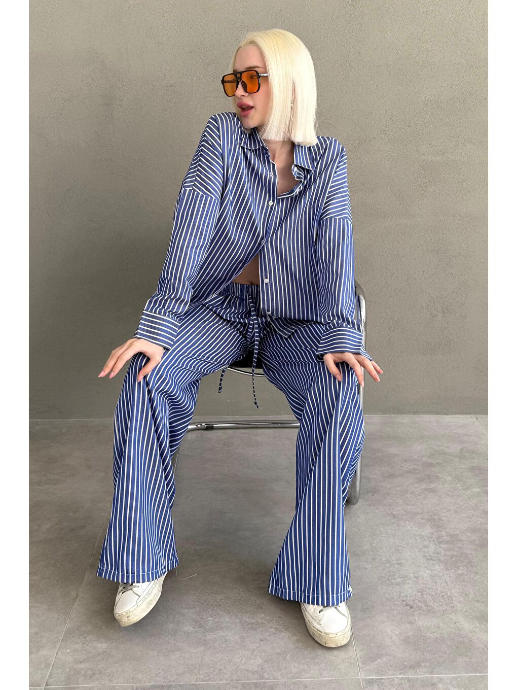 Lacivert Çizgili Gömlek Pantolon Kadın Takım Mg2457-3