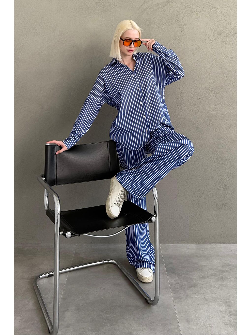 Lacivert Çizgili Gömlek Pantolon Kadın Takım Mg2457-4