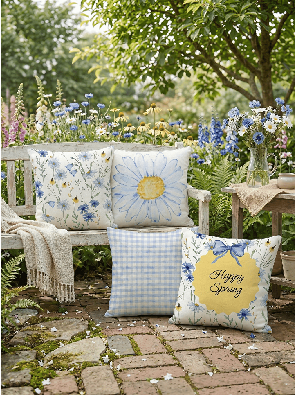 Mavi Papatya Desenli 4’lü Dekoratif Kırlent Kılıfı Seti - Bahar Serisi-3