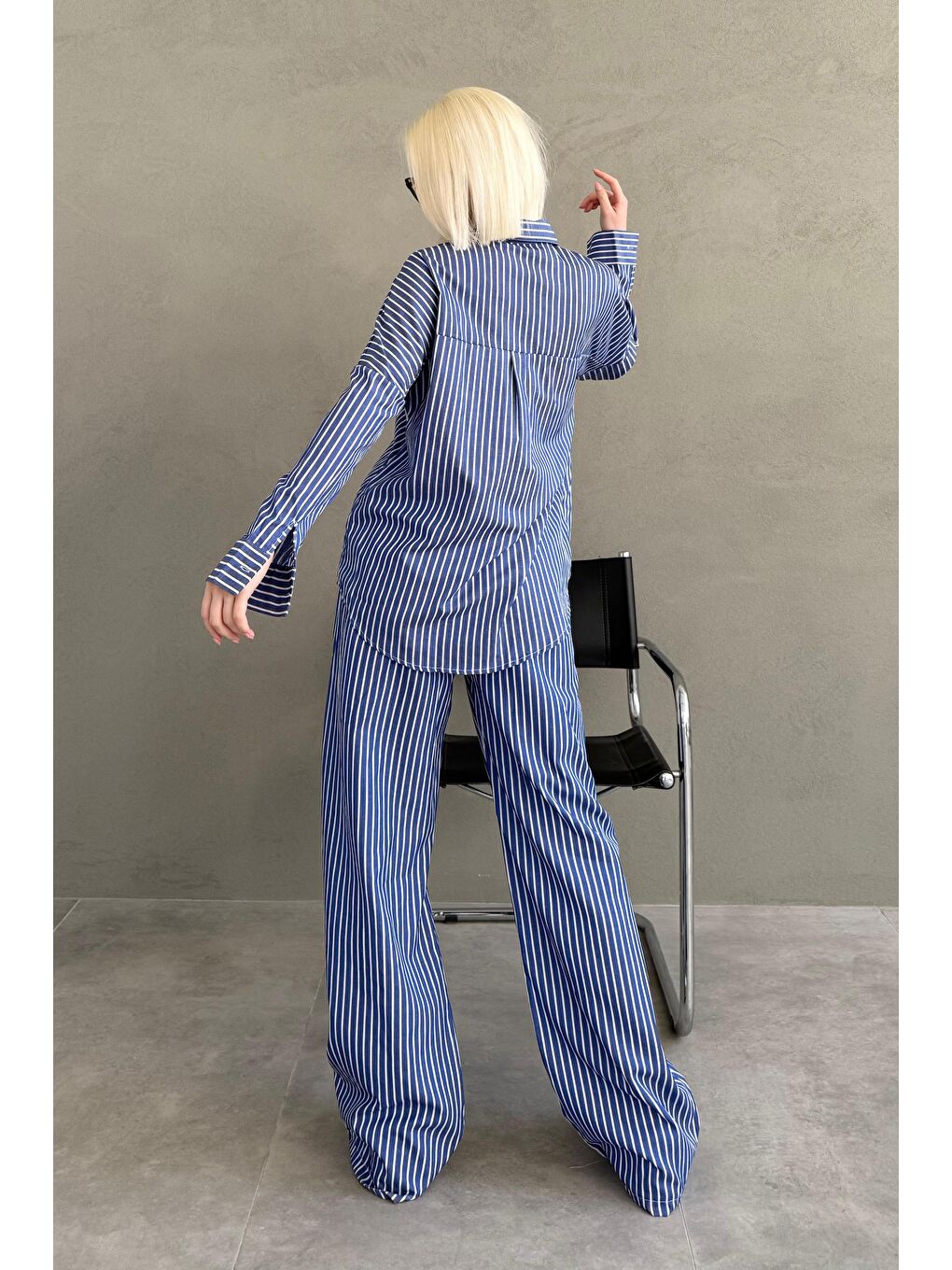 Lacivert Çizgili Gömlek Pantolon Kadın Takım Mg2457-5