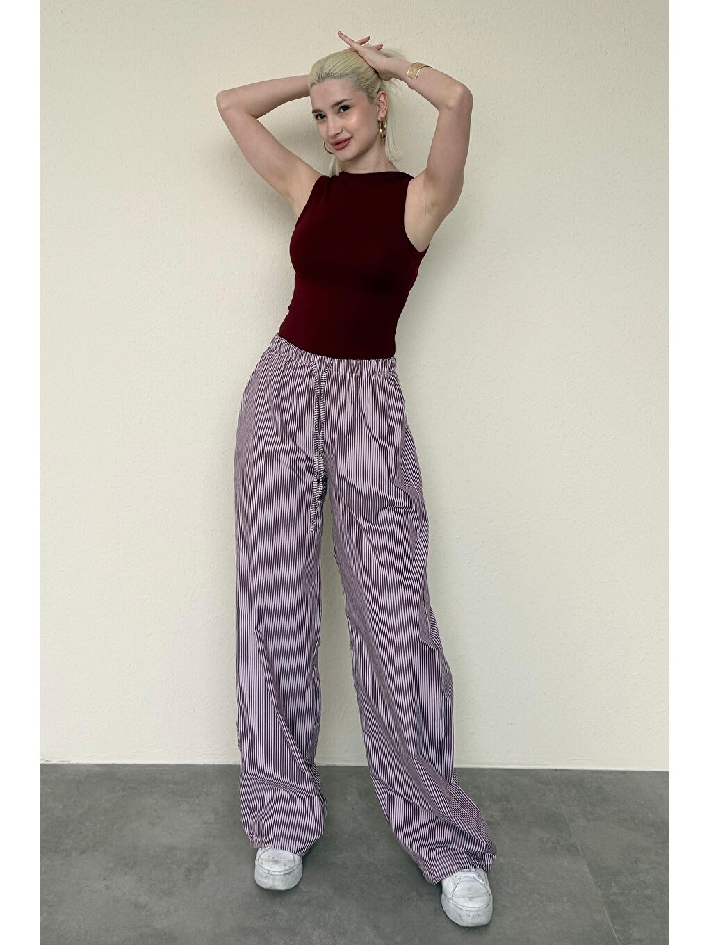 Bordo Beli Ayarlanabilir Bol Paça Dökümlü Çizgili Pantolon Mg2087