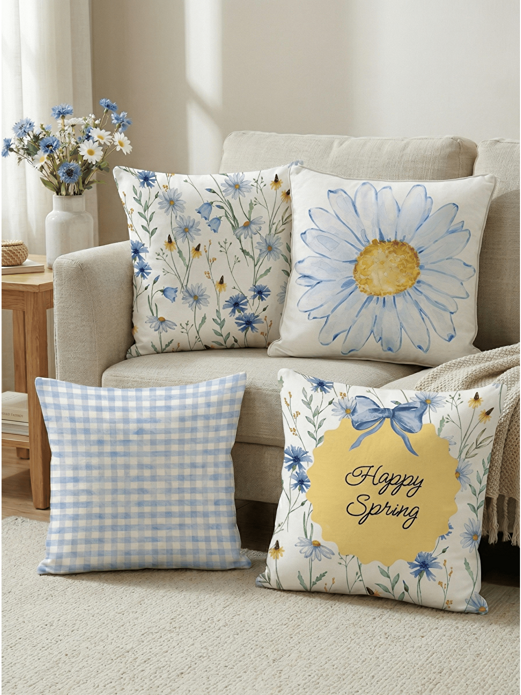 Mavi Papatya Desenli 4’lü Dekoratif Kırlent Kılıfı Seti - Bahar Serisi-4