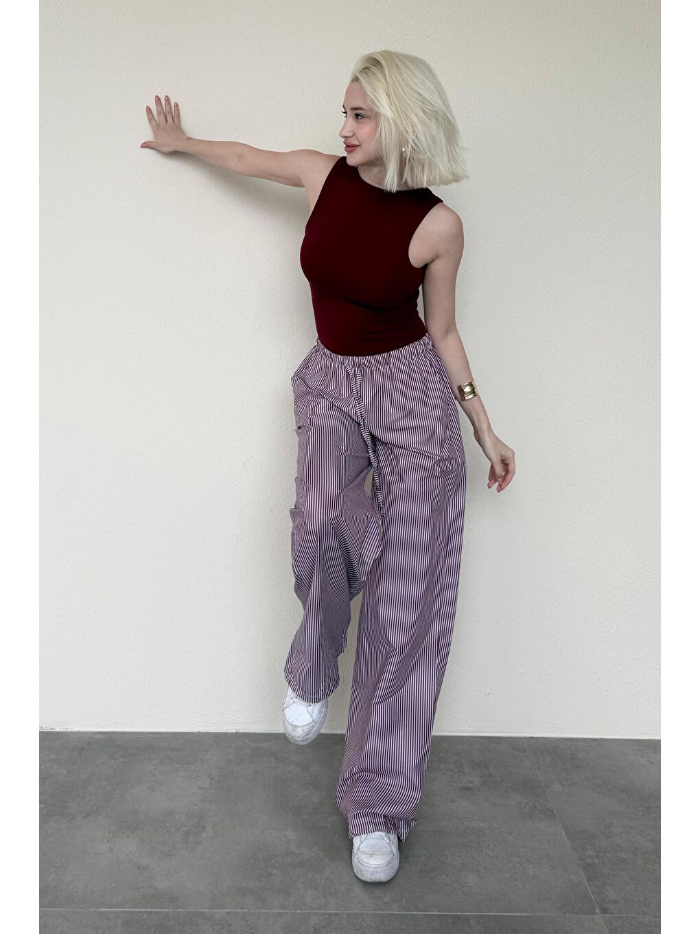 Bordo Beli Ayarlanabilir Bol Paça Dökümlü Çizgili Pantolon Mg2087-1