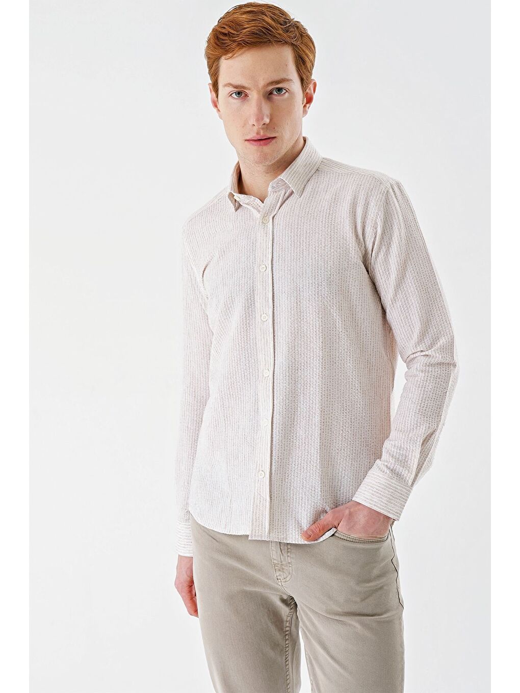 Bej Uzun Kollu Çizgili Biritli Yaka Pamuklu Elastanlı Casual Slim Fit Dar Kesim Gömlek 1004240233