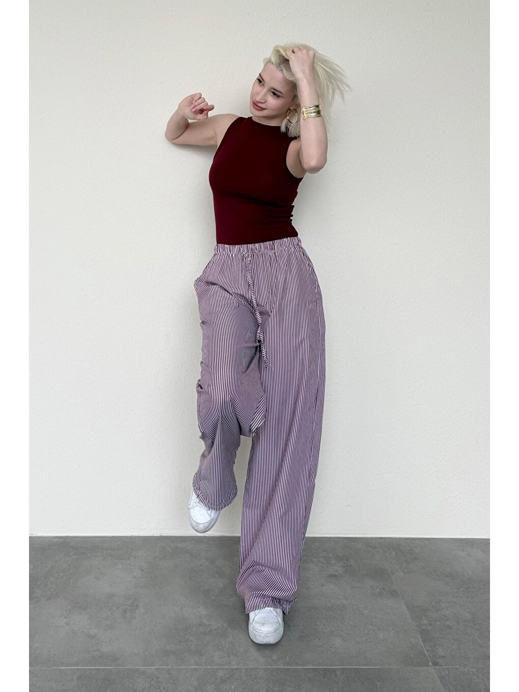 Bordo Beli Ayarlanabilir Bol Paça Dökümlü Çizgili Pantolon Mg2087-2