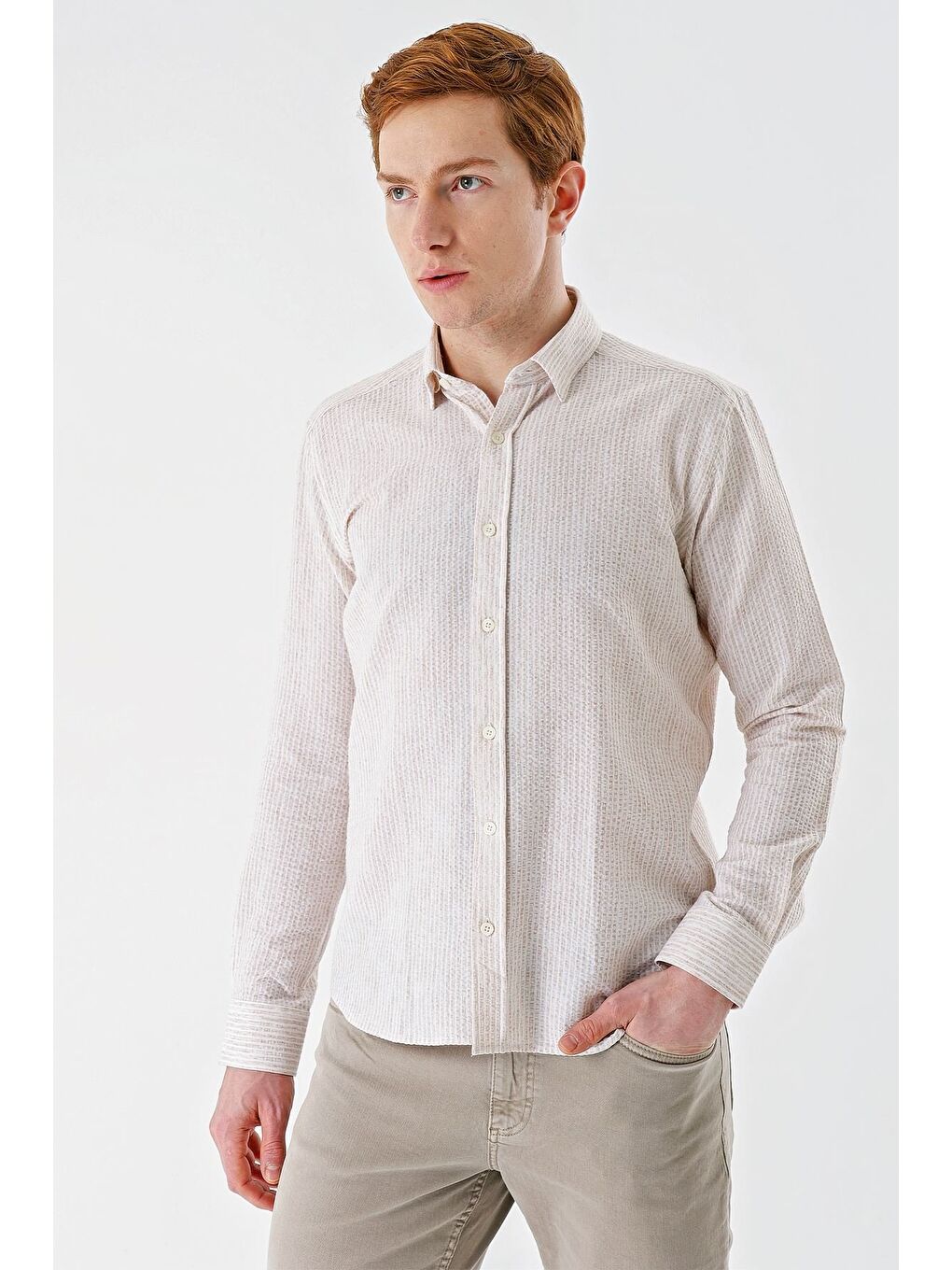 Bej Uzun Kollu Çizgili Biritli Yaka Pamuklu Elastanlı Casual Slim Fit Dar Kesim Gömlek 1004240233-1