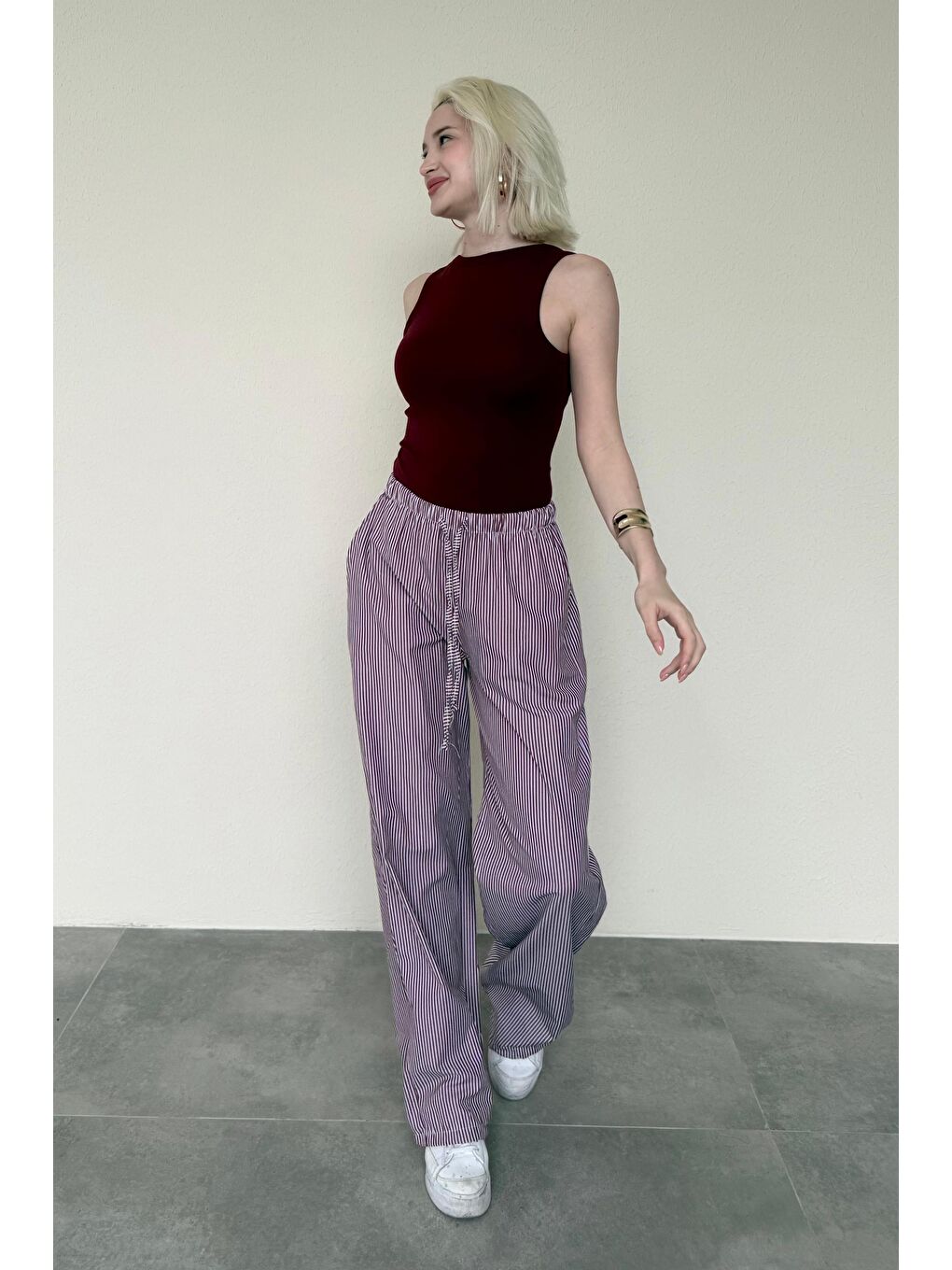 Bordo Beli Ayarlanabilir Bol Paça Dökümlü Çizgili Pantolon Mg2087-3