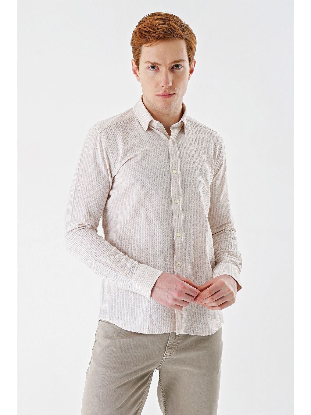 Bej Uzun Kollu Çizgili Biritli Yaka Pamuklu Elastanlı Casual Slim Fit Dar Kesim Gömlek 1004240233-2