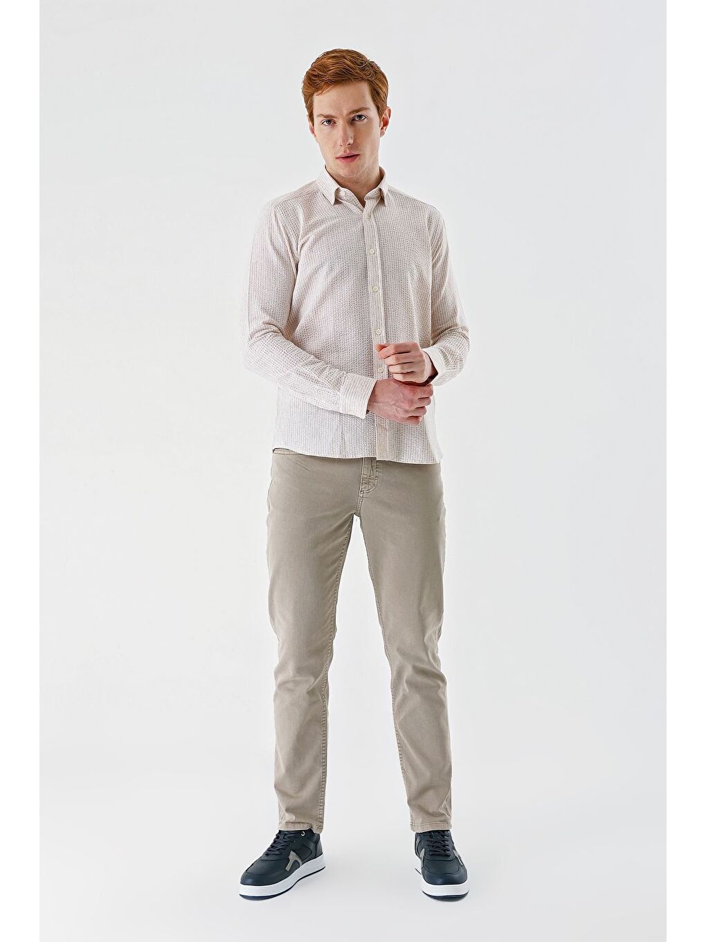 Bej Uzun Kollu Çizgili Biritli Yaka Pamuklu Elastanlı Casual Slim Fit Dar Kesim Gömlek 1004240233-4