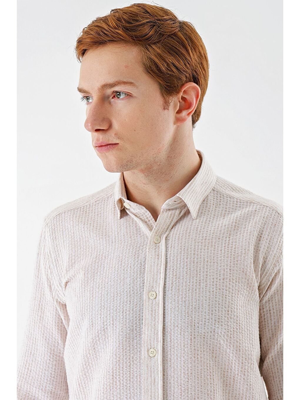 Bej Uzun Kollu Çizgili Biritli Yaka Pamuklu Elastanlı Casual Slim Fit Dar Kesim Gömlek 1004240233-5