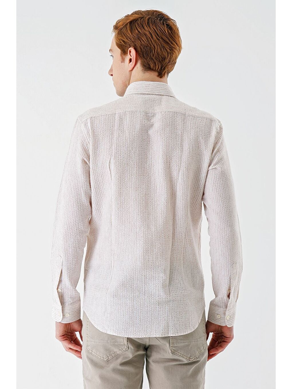 Bej Uzun Kollu Çizgili Biritli Yaka Pamuklu Elastanlı Casual Slim Fit Dar Kesim Gömlek 1004240233-6